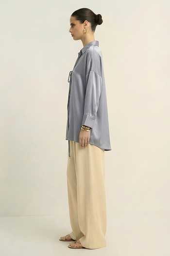 Buy_Neora By Nehal Chopra_Grey Silk, Bemberg V-neck Steel Loop Shirt _Online_at_Aza_Fashions