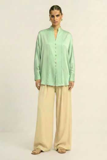 Neora By Nehal Chopra_Green Silk, Bemberg Mandarin Collar, V-neck Ash Shirt _Online_at_Aza_Fashions