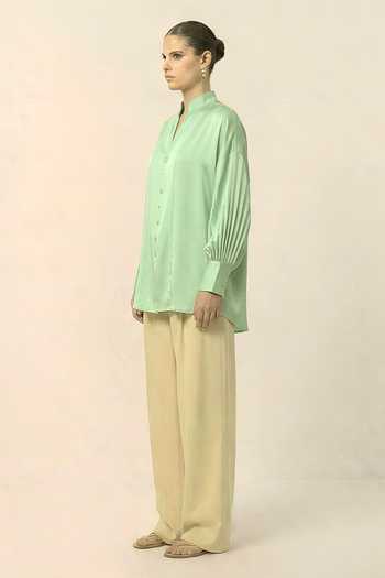 Buy_Neora By Nehal Chopra_Green Silk, Bemberg Mandarin Collar, V-neck Ash Shirt _Online_at_Aza_Fashions