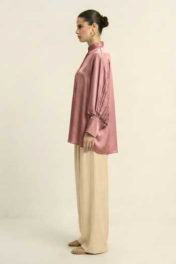 Neora By Nehal Chopra_Pink Silk, Bemberg V-neck Mandarin Collar Shirt _Online_at_Aza_Fashions