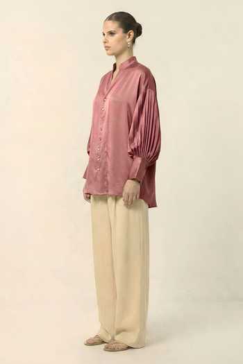 Buy_Neora By Nehal Chopra_Pink Silk, Bemberg V-neck Mandarin Collar Shirt _Online_at_Aza_Fashions