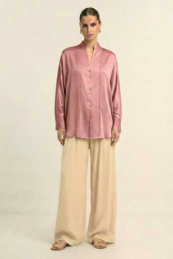 Shop_Neora By Nehal Chopra_Pink Silk, Bemberg V-neck Mandarin Collar Shirt _Online_at_Aza_Fashions