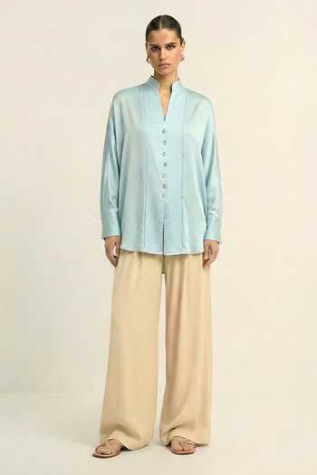 Neora By Nehal Chopra_Blue Silk, Bemberg Mandarin Collar Tropical Breeze Shirt _Online_at_Aza_Fashions
