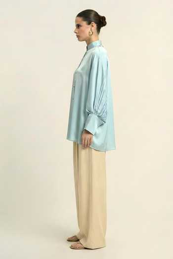 Buy_Neora By Nehal Chopra_Blue Silk, Bemberg Mandarin Collar Tropical Breeze Shirt _Online_at_Aza_Fashions