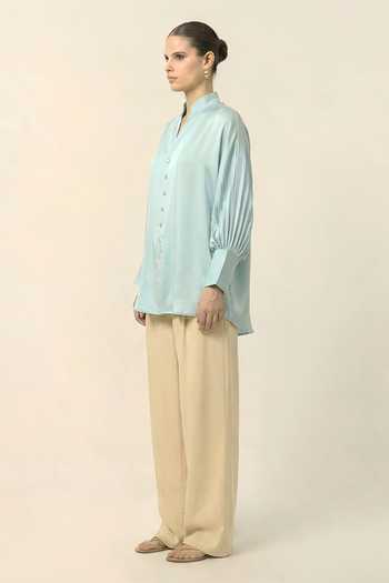Shop_Neora By Nehal Chopra_Blue Silk, Bemberg Mandarin Collar Tropical Breeze Shirt _Online_at_Aza_Fashions
