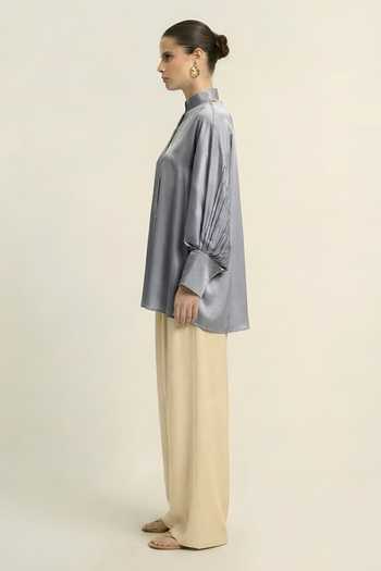 Neora By Nehal Chopra_Grey Silk, Bemberg Mandarin Collar, V-neck Steel Shirt _Online_at_Aza_Fashions