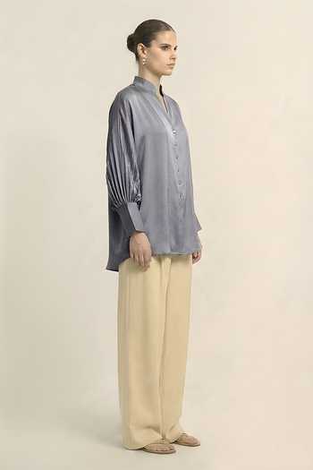 Buy_Neora By Nehal Chopra_Grey Silk, Bemberg Mandarin Collar, V-neck Steel Shirt _Online_at_Aza_Fashions