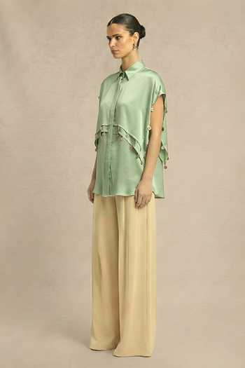 Neora By Nehal Chopra_Green Silk, Bemberg Collared Ash Coin Flap Shirt _Online_at_Aza_Fashions