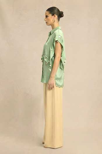 Buy_Neora By Nehal Chopra_Green Silk, Bemberg Collared Ash Coin Flap Shirt _Online_at_Aza_Fashions