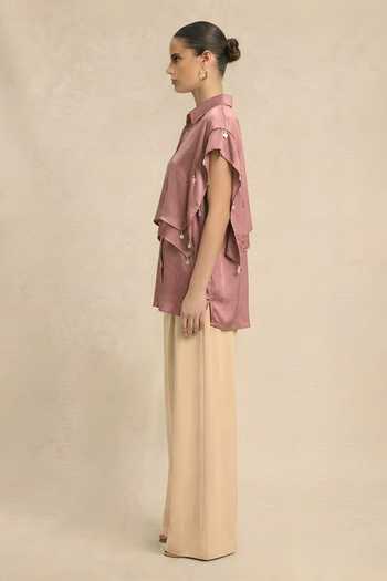 Neora By Nehal Chopra_Pink Silk, Bemberg Collared Coin Flap Shirt _Online_at_Aza_Fashions