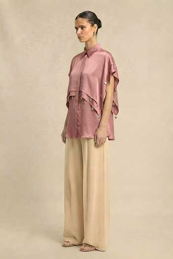 Buy_Neora By Nehal Chopra_Pink Silk, Bemberg Collared Coin Flap Shirt _Online_at_Aza_Fashions