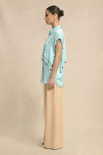 Neora By Nehal Chopra_Blue Silk, Bemberg Collared Tropical Breeze Coin Flap Shirt _Online_at_Aza_Fashions