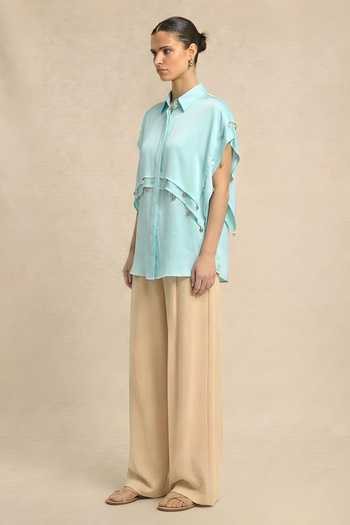Buy_Neora By Nehal Chopra_Blue Silk, Bemberg Collared Tropical Breeze Coin Flap Shirt _Online_at_Aza_Fashions