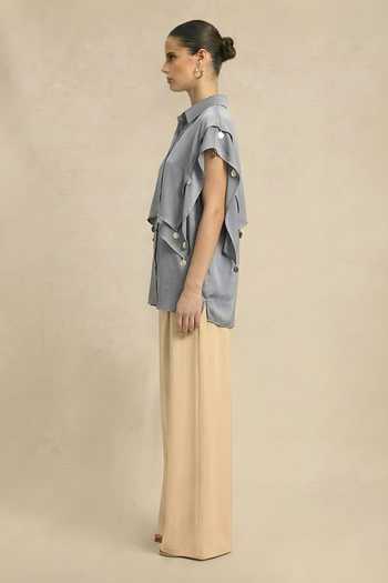 Neora By Nehal Chopra_Grey Silk, Bemberg Collared Steel Coin Flap Shirt _Online_at_Aza_Fashions