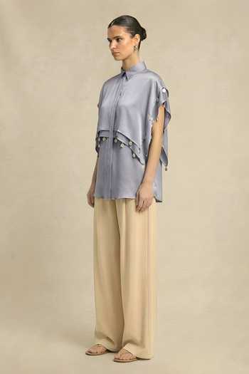 Buy_Neora By Nehal Chopra_Grey Silk, Bemberg Collared Steel Coin Flap Shirt _Online_at_Aza_Fashions