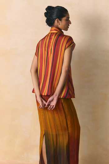 Zwaan Orange Organza Mandarin Collar Whisper Striped Shirt And Skirt Set Online at Aza Fashions Zwaan_Orange Organza Mandarin Collar Whisper Striped Shirt And Skirt Set _Online_at_Aza_Fashions
