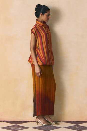 Buy Zwaan Orange Organza Mandarin Collar Whisper Striped Shirt And Skirt Set Online at Aza Fashions Buy_Zwaan_Orange Organza Mandarin Collar Whisper Striped Shirt And Skirt Set _Online_at_Aza_Fashions