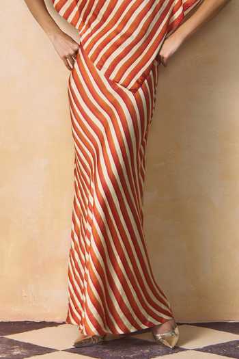 Zwaan_Ivory Satin, Linen Cowl Neck Blaze Striped Top And Skirt Set _Online_at_Aza_Fashions