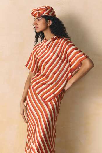 Buy_Zwaan_Ivory Satin, Linen Cowl Neck Blaze Striped Top And Skirt Set _Online_at_Aza_Fashions