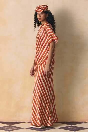 Shop_Zwaan_Ivory Satin, Linen Cowl Neck Blaze Striped Top And Skirt Set _Online_at_Aza_Fashions
