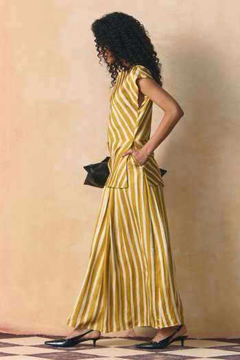 Zwaan_Yellow Satin, Linen Crew Neck Hazel Striped Top And Skirt Set _Online_at_Aza_Fashions