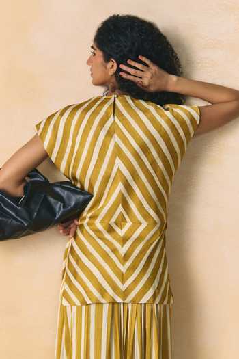 Buy_Zwaan_Yellow Satin, Linen Crew Neck Hazel Striped Top And Skirt Set _Online_at_Aza_Fashions