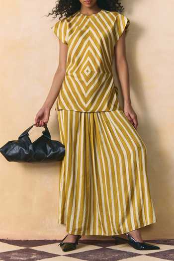 Shop_Zwaan_Yellow Satin, Linen Crew Neck Hazel Striped Top And Skirt Set _Online_at_Aza_Fashions