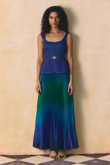 Buy_Zwaan_Blue Satin Square Neck Dusk Peplum Top And Skirt Set _Online_at_Aza_Fashions