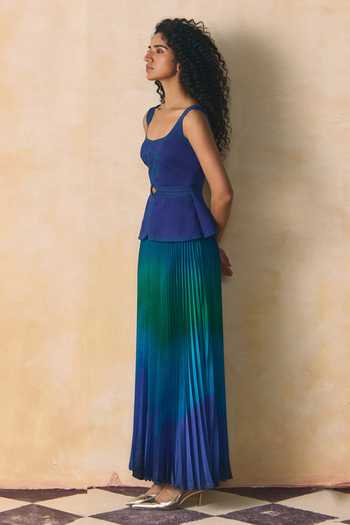 Shop_Zwaan_Blue Satin Square Neck Dusk Peplum Top And Skirt Set _Online_at_Aza_Fashions
