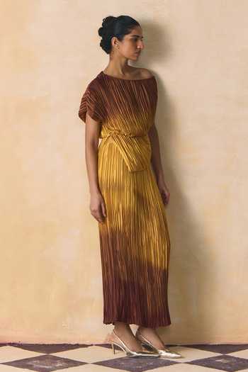 Zwaan_Yellow Satin, Shantoon One Shoulder Marigold Plisse Armani Top And Skirt Set _Online_at_Aza_Fashions