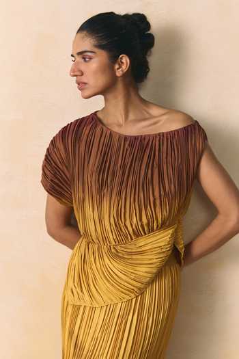 Buy_Zwaan_Yellow Satin, Shantoon One Shoulder Marigold Plisse Armani Top And Skirt Set _Online_at_Aza_Fashions