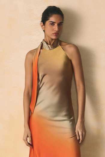 Zwaan_Orange Satin Halter Neck Lea Armani Maxi Dress _Online_at_Aza_Fashions