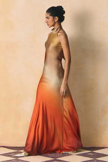 Buy_Zwaan_Orange Satin Halter Neck Lea Armani Maxi Dress _Online_at_Aza_Fashions
