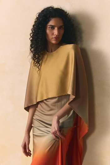 Zwaan_Orange Satin Halter Neck Luma Cape Dress _Online_at_Aza_Fashions