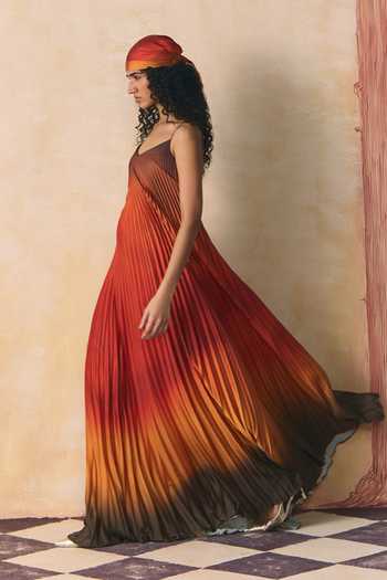 Buy_Zwaan_Orange Satin V-neck Olive Ombre Armani Dress _Online_at_Aza_Fashions