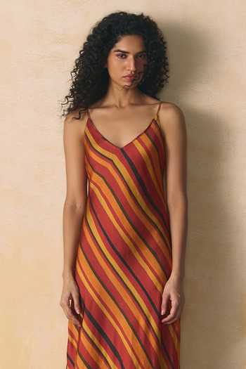 Zwaan_Multi Color Linen, Satin V-neck Nora Striped Dress _Online_at_Aza_Fashions