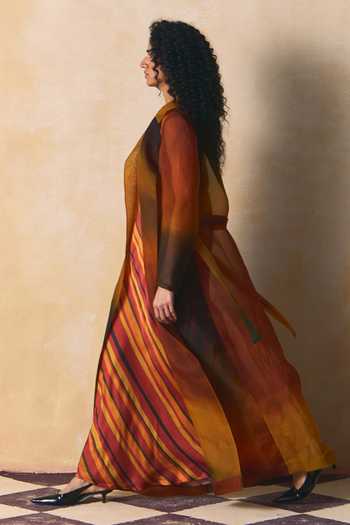 Zwaan_Rust Organza Zoya Sheer Panelled Jacket _Online_at_Aza_Fashions