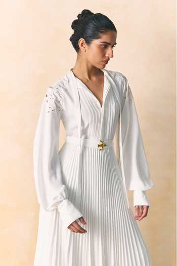Zwaan_White Polyester, Crepe V-neck, Collared Ava Pleated Dress _Online_at_Aza_Fashions