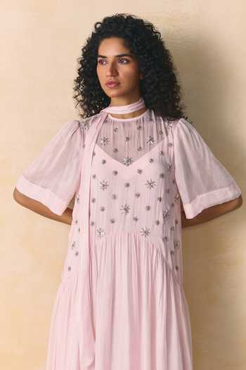Zwaan_Pink Silk, Shantoon Crew Neck Blush Tabby Maxi Dress _Online_at_Aza_Fashions