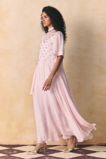 Buy_Zwaan_Pink Silk, Shantoon Crew Neck Blush Tabby Maxi Dress _Online_at_Aza_Fashions