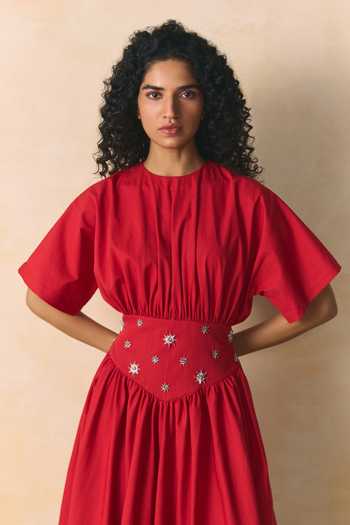 Zwaan_Red Cotton, Poplin Crew Neck Carmine Dress _Online_at_Aza_Fashions