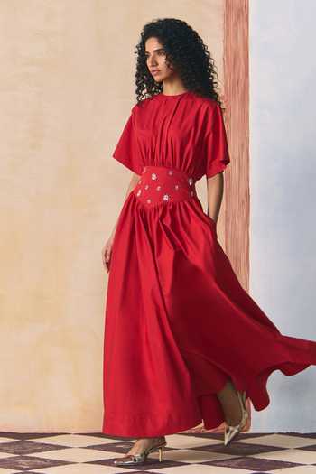 Buy_Zwaan_Red Cotton, Poplin Crew Neck Carmine Dress _Online_at_Aza_Fashions