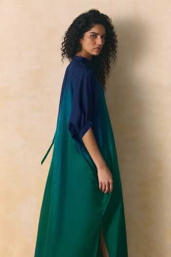 Zwaan_Blue Silk V-neck Helena Ombre Dress _Online_at_Aza_Fashions