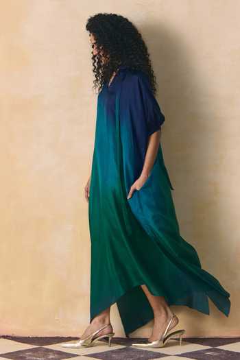Buy_Zwaan_Blue Silk V-neck Helena Ombre Dress _Online_at_Aza_Fashions