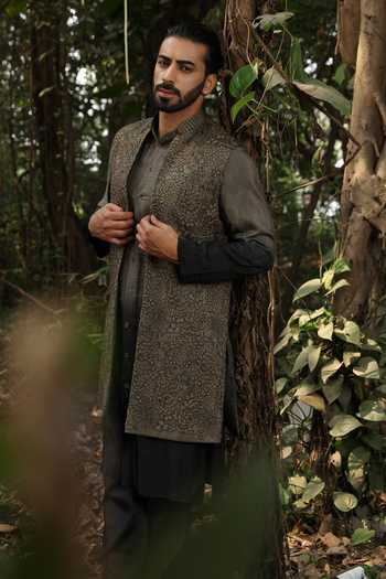 Buy_Surabhi Agarwal_Olive Green Silk, Cotton Satin Embroidered Nehru Jacket Kurta Set _Online_at_Aza_Fashions
