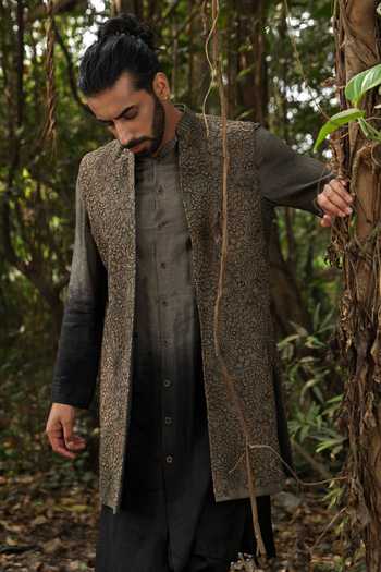 Shop_Surabhi Agarwal_Olive Green Silk, Cotton Satin Embroidered Nehru Jacket Kurta Set _Online_at_Aza_Fashions