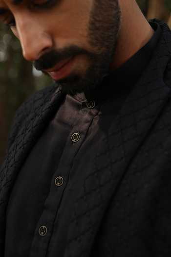 Surabhi Agarwal_Black Silk, Cotton Satin Self Embroidered Nehru Jacket Kurta Set _Online_at_Aza_Fashions