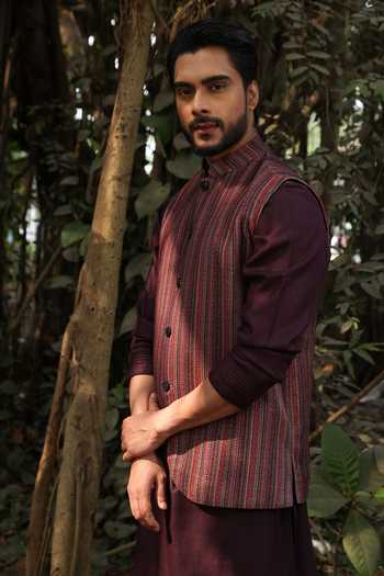 Buy_Surabhi Agarwal_Wine Cotton, Linen Stripe Pattern Nehru Jacket Kurta Set _Online_at_Aza_Fashions