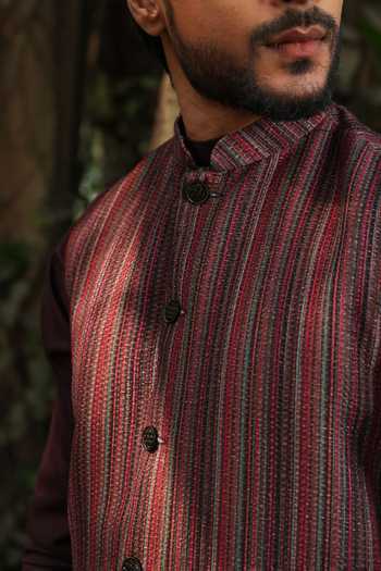 Shop_Surabhi Agarwal_Wine Cotton, Linen Stripe Pattern Nehru Jacket Kurta Set _Online_at_Aza_Fashions