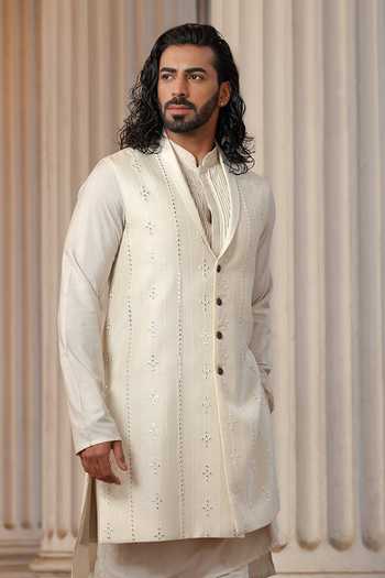 Buy_Surabhi Agarwal_Off White Silk, Cotton Mirror Embroidered Nehru Jacket Kurta Set _Online_at_Aza_Fashions